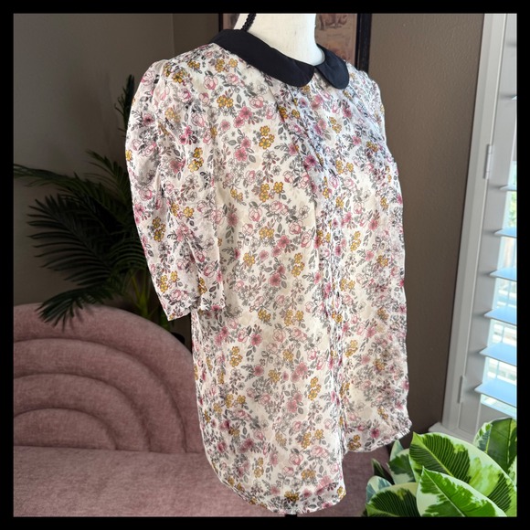 Floral Blouse Black Collar Sheer Pink Yellow Flowers Cute Top Size Small - Picture 3 of 12
